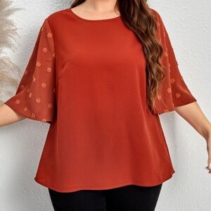 SHEIN Curve EMERY ROSE Plus Solid Swiss Dot
Sleeve Top SWINGS Burnt Orange 0XL